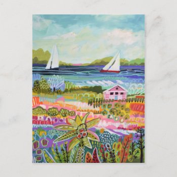Two Sailboats And Cottage Postcard by worldartgroup at Zazzle