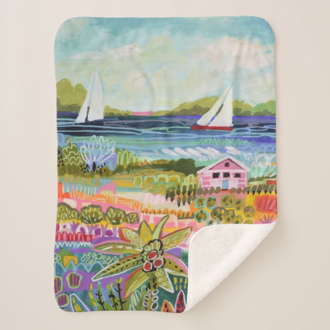Two Sailboats and Cottage Sherpa Blanket (Front)