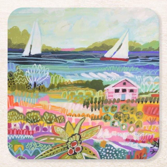Two Sailboats and Cottage Square Paper Coaster (Front)