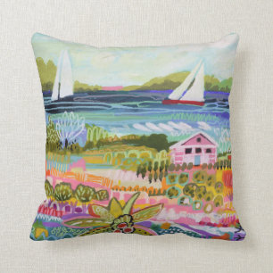 Two Sailboats and Cottage Throw Pillow