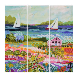 Two Sailboats and Cottage Triptych