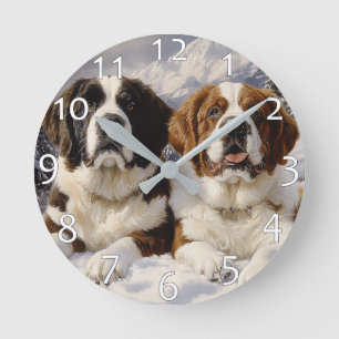 Two Saint Bernards in Snow Round Clock