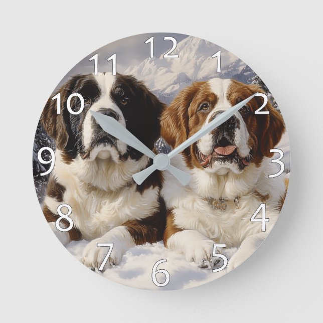 Two Saint Bernards in Snow Round Clock (Front)