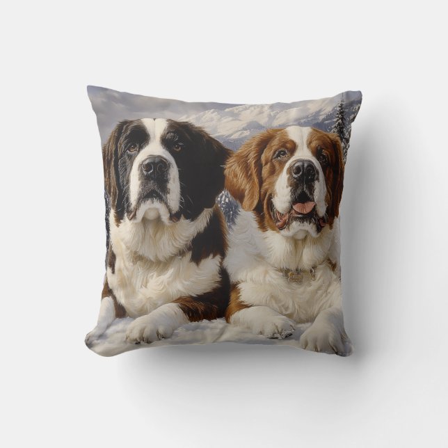 Two Saint Bernards in Snow Throw Pillow (Front)
