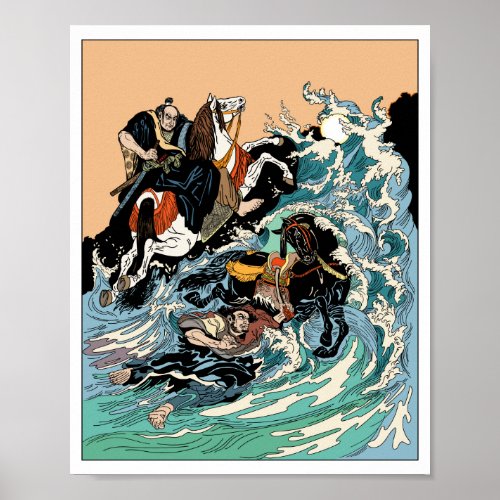 Two samurai horsemen crossing a stormy sea poster