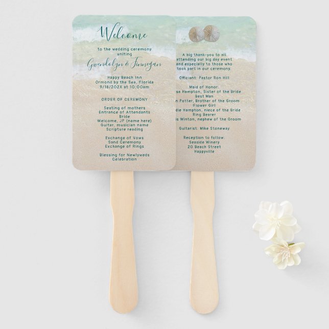 Two Sand Dollars Beach Scene Fan Wedding Program (Front and Back)