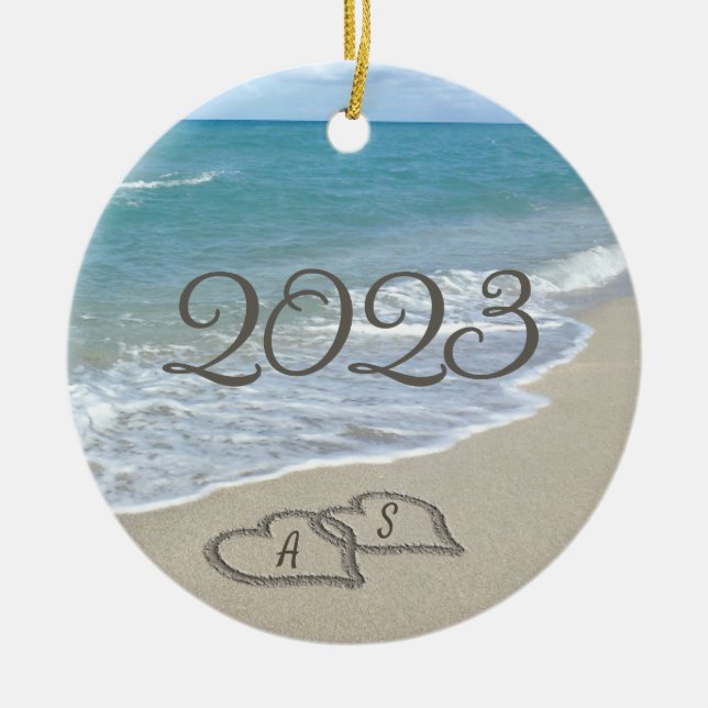 Two Sand Hearts on the Beach Ceramic Ornament (Front)