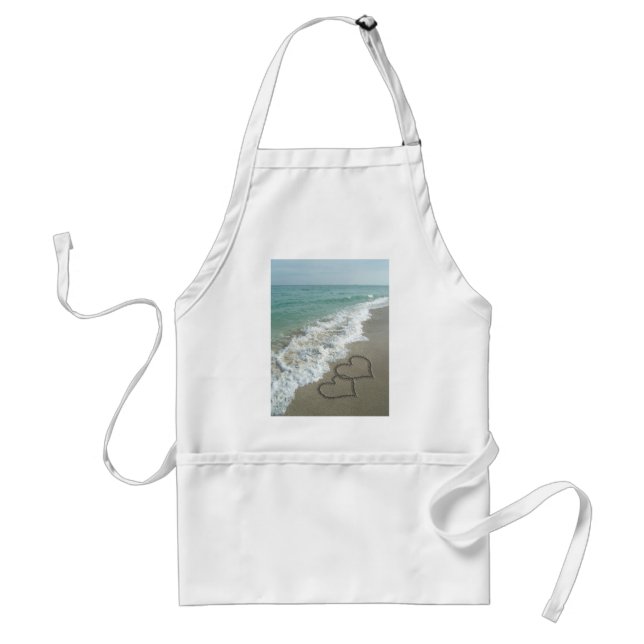 Two Sand Hearts on the Beach, Romantic Ocean Adult Apron (Front)