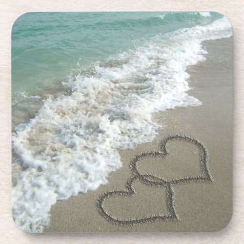Two Sand Hearts on the Beach Romantic Ocean Beverage Coaster