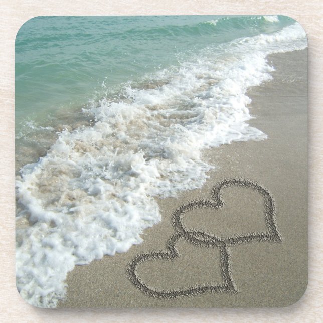 Two Sand Hearts on the Beach, Romantic Ocean Beverage Coaster (Front)