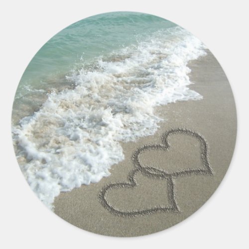 Two Sand Hearts on the Beach Romantic Ocean Classic Round Sticker