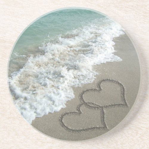 Two Sand Hearts on the Beach Romantic Ocean Coaster