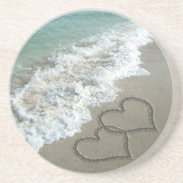 Two Sand Hearts on the Beach, Romantic Ocean Coaster (Front)
