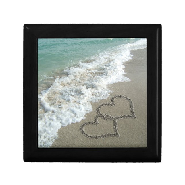 Two Sand Hearts on the Beach, Romantic Ocean Jewelry Box (Front)