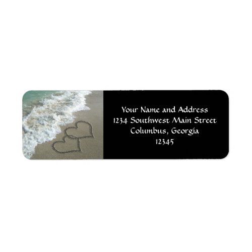 Two Sand Hearts on the Beach Romantic Ocean Label