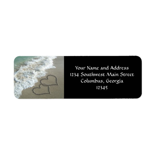 Two Sand Hearts on the Beach, Romantic Ocean Label (Front)
