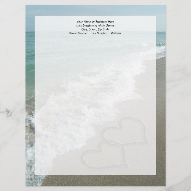 Two Sand Hearts on the Beach, Romantic Ocean Letterhead (Front)
