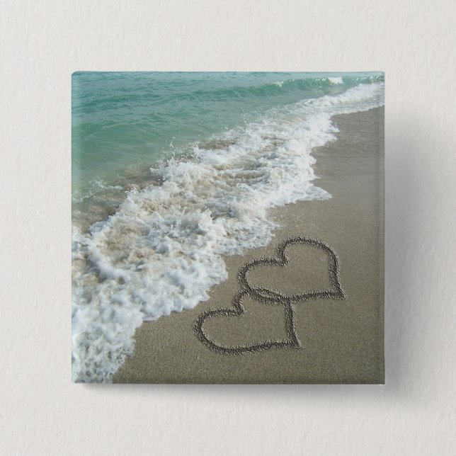 Two Sand Hearts on the Beach, Romantic Ocean Pinback Button (Front)
