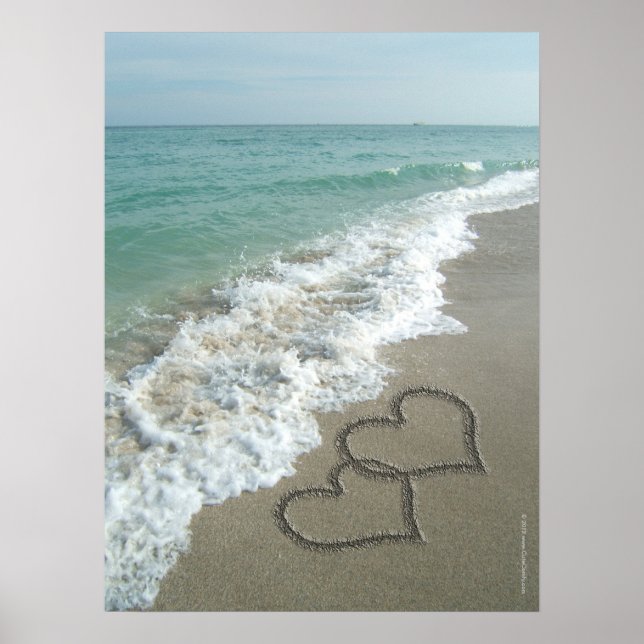 Two Sand Hearts on the Beach, Romantic Ocean Poster (Front)