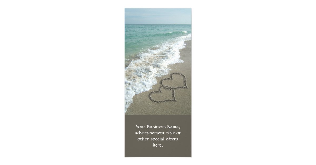 Two Sand Hearts on the Beach, Romantic Ocean Rack Card | Zazzle
