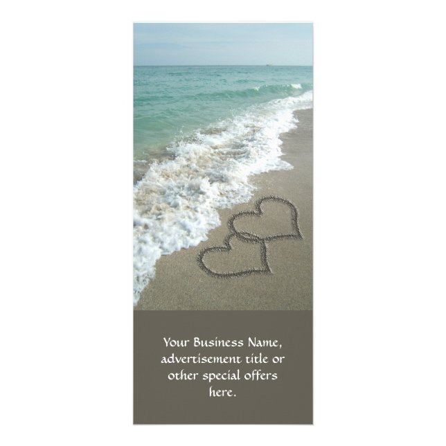 Two Sand Hearts on the Beach, Romantic Ocean Rack Card (Front)