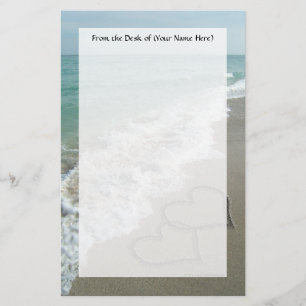 Two Sand Hearts on the Beach, Romantic Ocean Stationery