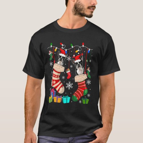 Two Santa Boston Terrier Dogs In Christmas Socks   T_Shirt