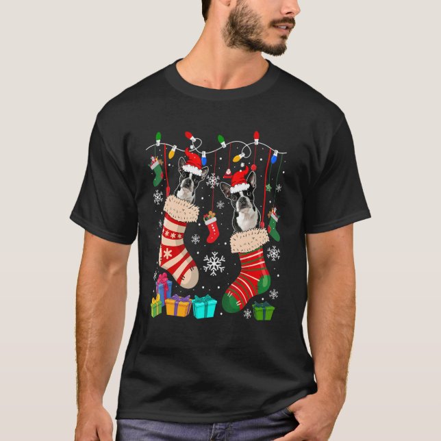 Two Santa Boston Terrier Dogs In Christmas Socks   T-Shirt (Front)
