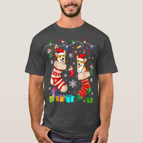 Two Santa Corgi Dogs In Christmas Socks Dog Lover  T_Shirt