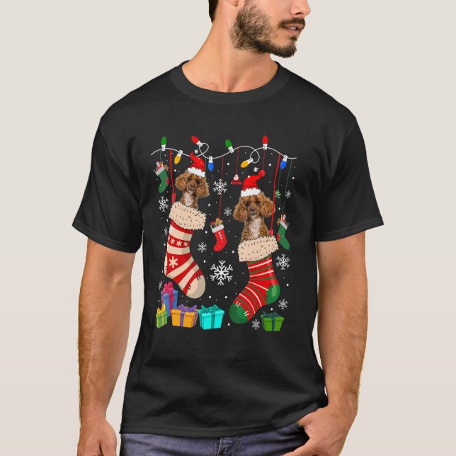 Two Santa Poodle Dogs In Christmas Socks Dog  Owne T-Shirt (Front)
