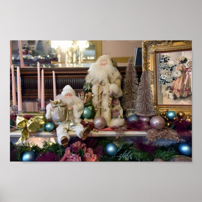 Two Santas On A Victorian Fireplace Mantel Poster (Front)