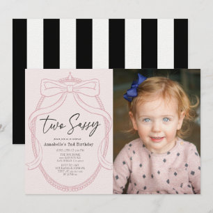 Two Sassy Pink Tiara & Bow Girl Photo 2nd Birthday Invitation