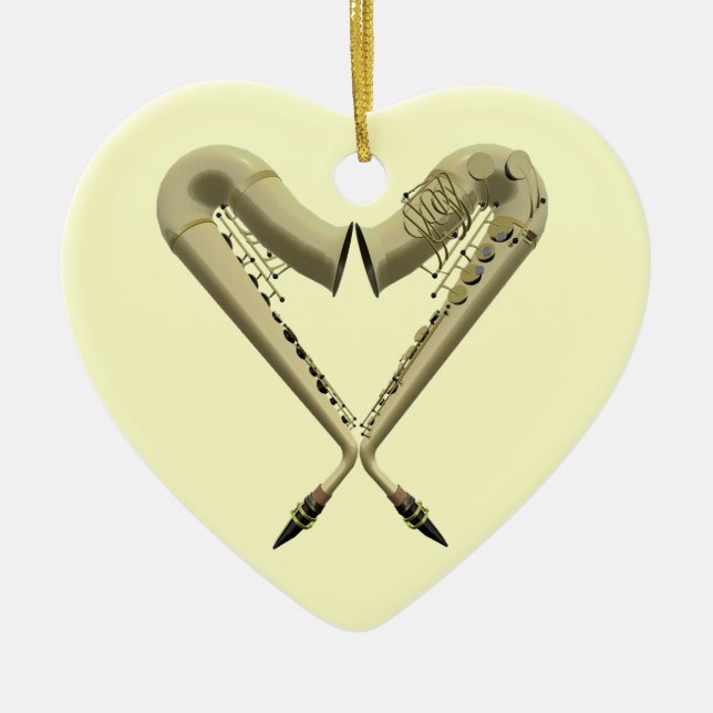 Two Saxophones Heart Shape on Heart Ornament (Front)