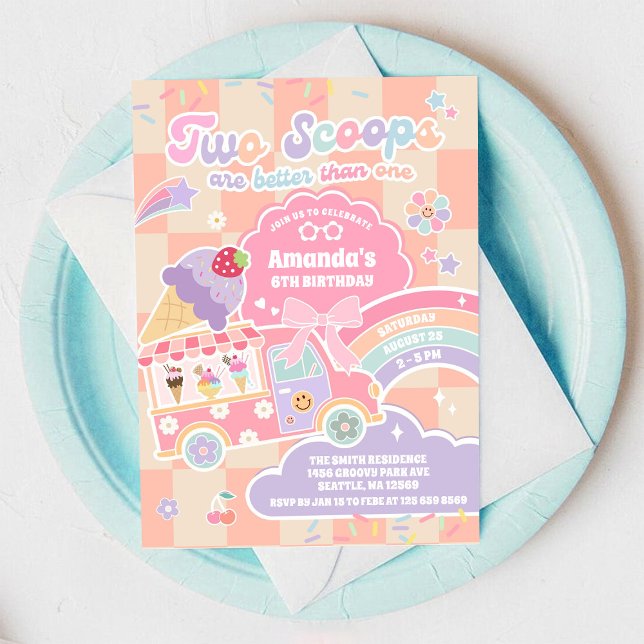Two Scoop Ice Cream Groovy Daisy 2nd Birthday Invitation (Creator Uploaded)