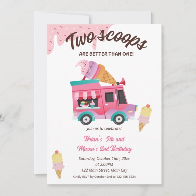 Two Scoops Are Better Than One Birthday Party Invitation (Front)