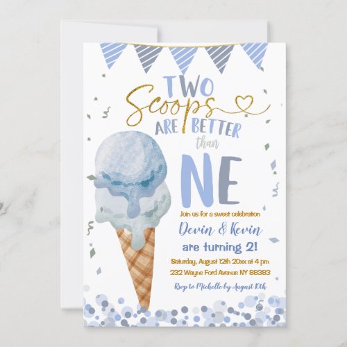 Two Scoops Ice Cream Twin Boys Summer Birthday Invitation