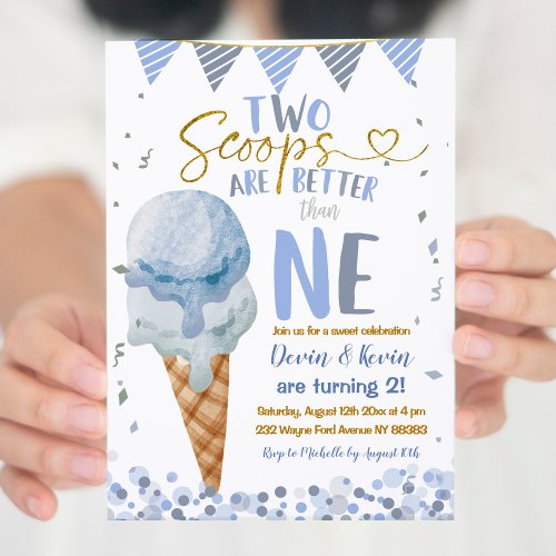 Two Scoops Ice Cream Twin Boys Summer Birthday Invitation