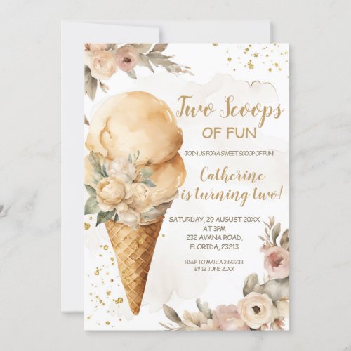 Two Scoops Of Fun Beige Floral 2nd Birthday Party Invitation