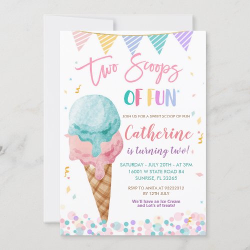 Two Scoops Of Fun Birthday Party Invitation