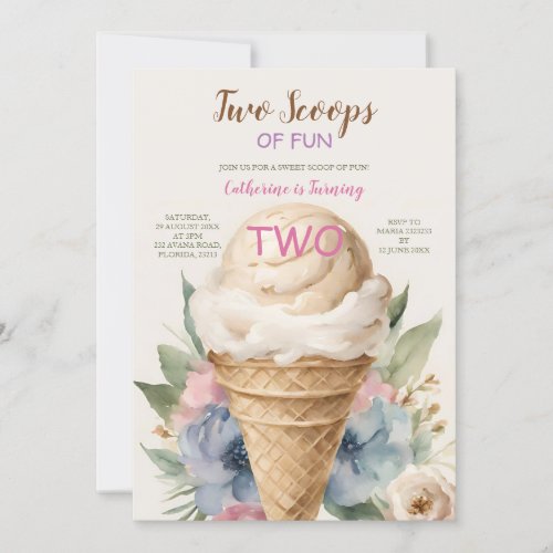 Two Scoops Of Fun Ice Cream 2nd Birthday Party Invitation