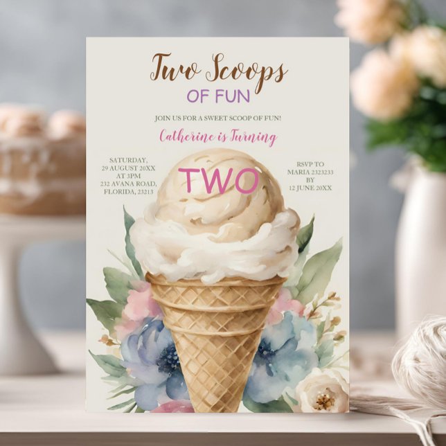 Two Scoops Of Fun Ice Cream 2nd Birthday Party Invitation (Creator Uploaded)