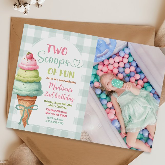 Two Scoops Of Fun Ice Cream Bow 2nd Birthday Photo Invitation (Creator Uploaded)