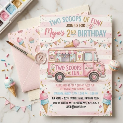 Two Scoops of Fun Ice Cream Truck Birthday  Invitation