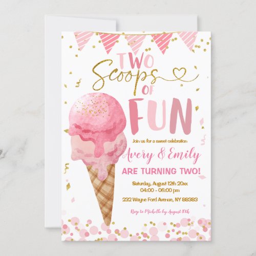 Two Scoops Of Fun Pink Ice Cream Birthday Party Invitation