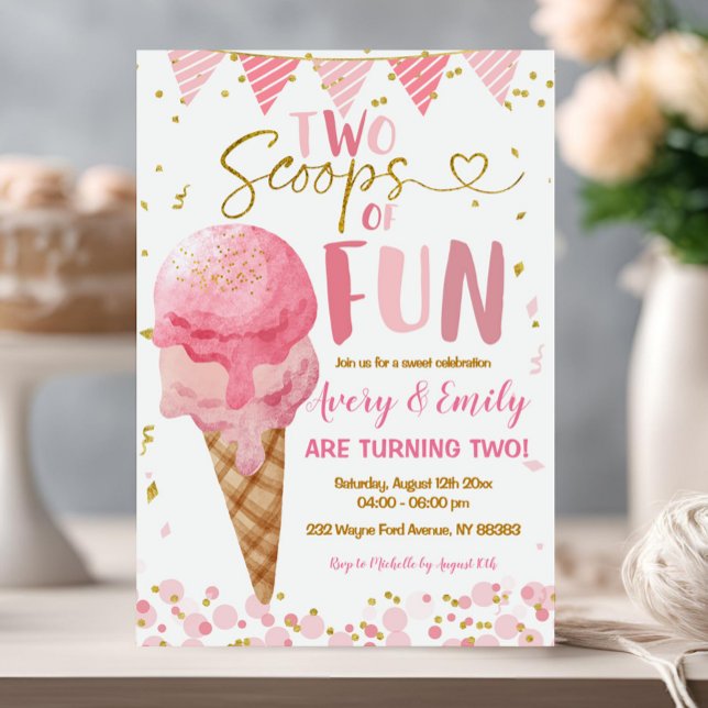 Two Scoops Of Fun Pink Ice Cream Birthday Party Invitation (Creator Uploaded)