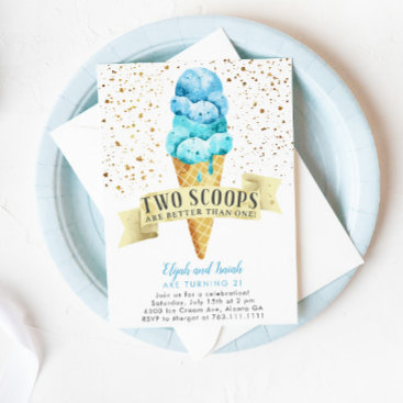 Two Scoops Twin Boys Ice Cream Birthday Party Invitation