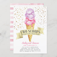 Two Scoops Twin Girls Ice Cream Birthday Party Invitation