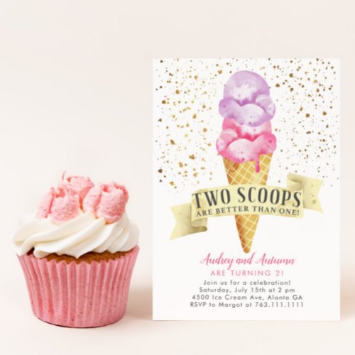 Two Scoops Twin Girls Ice Cream Birthday Party Invitation