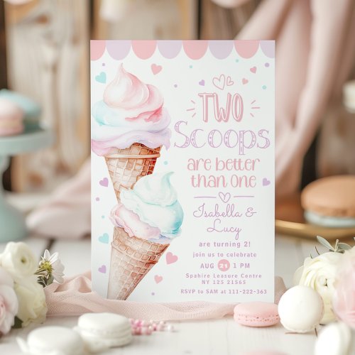 Two scoops twins ice cream birthday party invitation