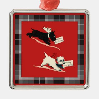 Two Scottie Dogs  Black And White Scottish Terrier Metal Ornament by dbvisualarts at Zazzle